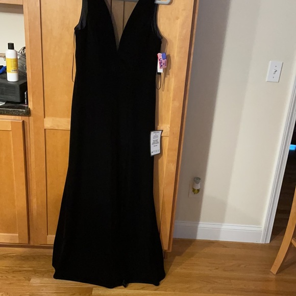 ELEGANT LONG BLACK DRESS. VELOUR VNECK MESH SEE THRU TO VNECK. THIS =CLASSY! - Picture 6 of 6